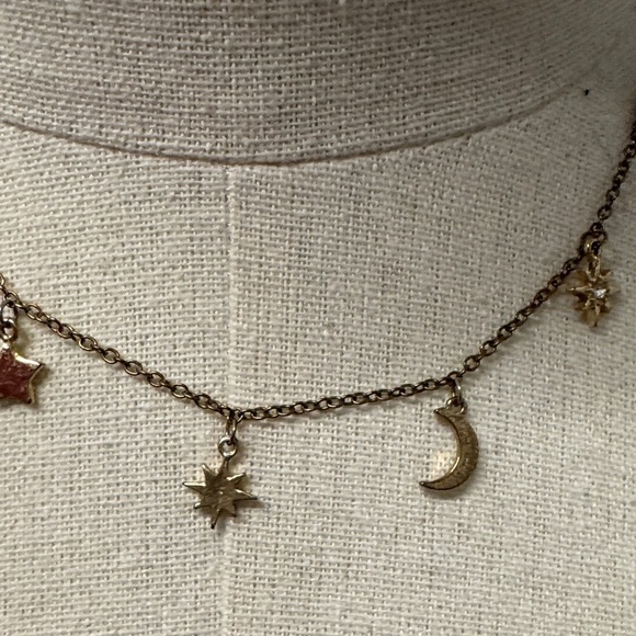 Gold-tone Star and Moon Necklace 21” length with 8” hanging back chain - Picture 5 of 8